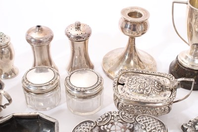 Lot 300 - Selection of 19th/20th century silver, including condiments, hand mirror, small trophy cups and other items (Various dates and makers) Approximately 20ozs weighable silver. (qty)