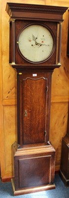 Lot 613 - 19th century eight day longcase clock ,with circular painted dial in oak case, two weights and key present