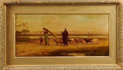 Lot 1018 - Frederick Goodall (1822-1904) oil on canvas – A desert scene with a shepherd, his sheep and his family by an oasis, camels and a pyramid beyond, monogramed and dated 1894, in gilt frame, 29cm x 65c...