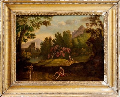 Lot 1019 - Attributed to Jon Franz van Bloeman, called Orizonte (1662-1749) oil on re-lined canvas – An extensive Italianate wooded landscape with figures in the foreground and buildings beyond, in gilt frame...