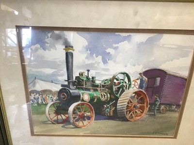 Lot 88 - C C Turner - set of four watercolours of traction engines, framed and glazed together with an oil on board of a man on a tractor (unglazed)