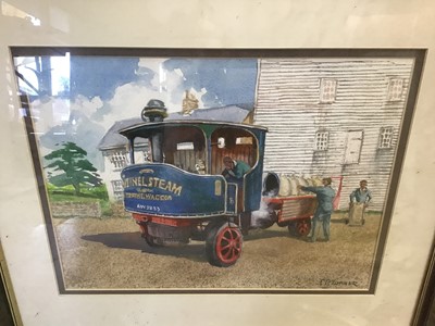 Lot 88 - C C Turner - set of four watercolours of traction engines, framed and glazed together with an oil on board of a man on a tractor (unglazed)