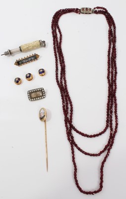 Lot 481 - Group of jewellery to include Georgian mourning brooch,Victorian micromosaic brooch, enamel stick pin, ivory pencil, garnet bead necklace and three enamel studs