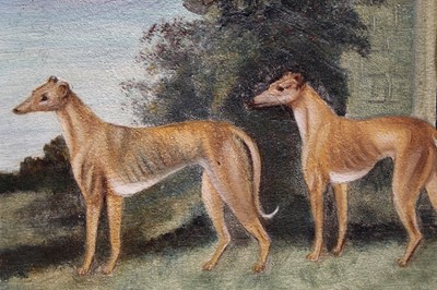 Lot 1021 - English School late 19th century, pair of oils on panel – Coursing hounds with a hare, commissioned by a member of the North Lincs Coursing Club, inscribed verso, in veneered frames, 21cm x 21cm...