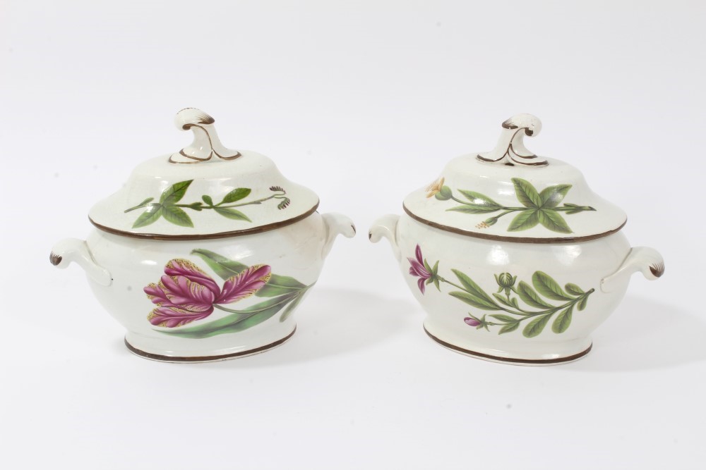 Lot 166 - A pair of pearlware botanical sauce tureens,