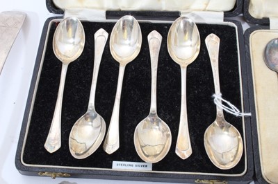 Lot 309 - Selection of assorted silver flatware, together with two cased sets of silver spoons and a pair of miniature silver peppers (Various dates and makers) All at approximately 13ozs. (qty)