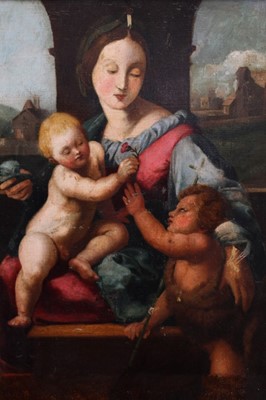 Lot 1026 - Italian School Early 19th Century, oil on re-lined canvas – The Holy Family with the infant St. John the Baptist, 45cm x 35cm