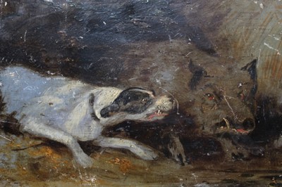 Lot 1072 - German School early 19th Century, oil on panel – A hound attacking a boar, unframed, 16cm x 25cm