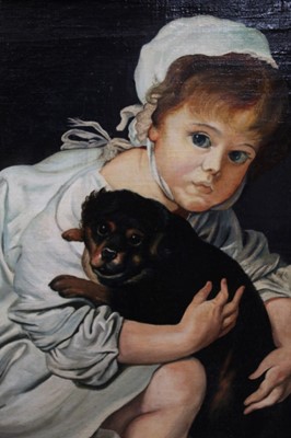 Lot 1075 - Julius Kohler (1873-1929) oil on canvas board – Jeune Fille et Petit Chien, signed, in painted frame, 39cm x 29cm