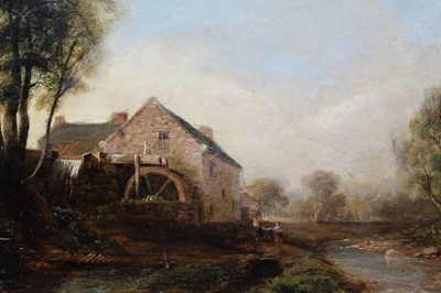 Lot 1076 - Manner of John Dearman act (1824-1857) oil on panel – A river landscape with figures by an overshot watermill, 24cm x 32cm