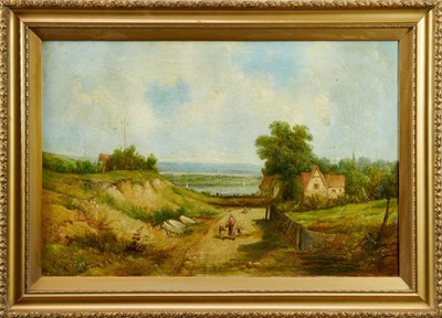 Lot 1078 - Alfred H. Vickers f.l (1853-1907) oil on canvas – A river landscape with figures on a track by a cottage, signed and dated, 40cm x 60cm