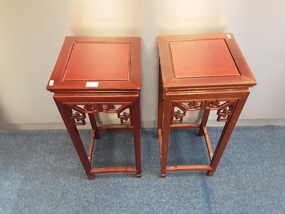 Lot 921 - Pair of Chinese hardwood vase stands, 30.5cm x 30cm x 71.5cm high