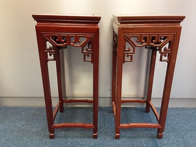 Lot 921 - Pair of Chinese hardwood vase stands, 30.5cm x 30cm x 71.5cm high