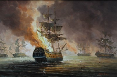 Lot 1134 - James Hardy 20th Century, oil on canvas laid on board - Aftermath of a sea battle, signed