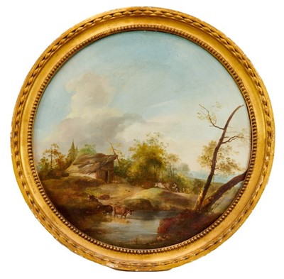 Lot 1049 - English School, 19th century, oil on canvas - A farmer and animals near a tumbled down barn and stream, tondo, in circular gilt frame, 46cm diameter