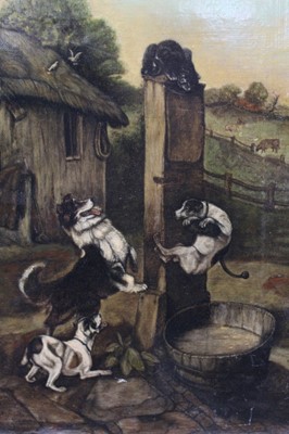 Lot 1045 - English School, oil on canvas - Farmyard with dogs after a stranded cat, monogrammed