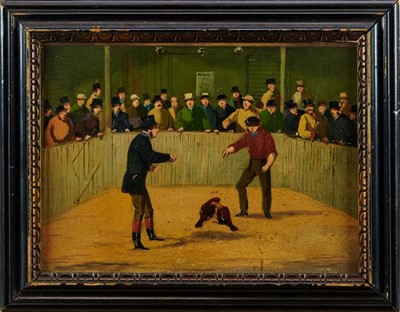 Lot 926 - Victorian English School oil on board - a cock fighting pit