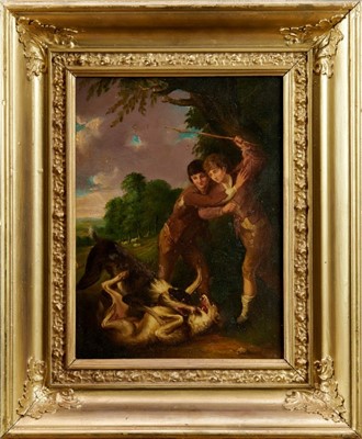 Lot 1047 - Attributed to Barker of Bath, oil on panel - Two boys by two dogs fighting