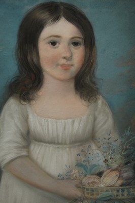 Lot 1142 - English Provincial School (circa. 1820), pastel on paper - Child with flower basket, gilt frame