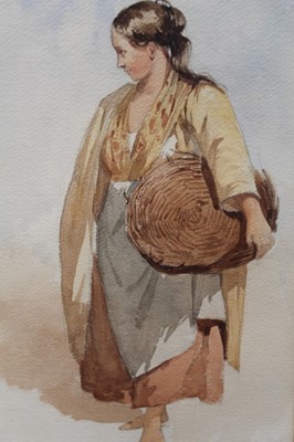 Lot 1144 - Frederick Goodall (1822-1904), watercolour - Continental woman with a basket, circa 1866, monogrammed, in glazed gilt frame