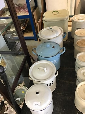 Lot 235 - Group of five Vintage enamel storage bins, including flour, bread and sugar
