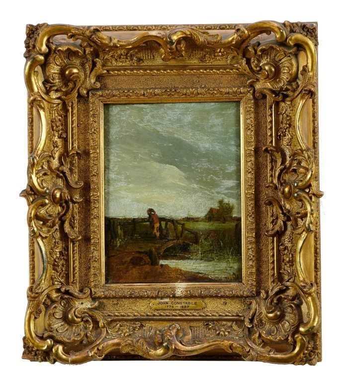 Lot 1150 - Circle of John Constable (1776-1837) oil on mahogany panel - figure standing on a bridge, in good gilt frame, 21cm x 16cm