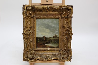 Lot 1150 - Circle of John Constable (1776-1837) oil on mahogany panel - figure standing on a bridge, in good gilt frame, 21cm x 16cm