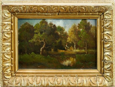 Lot 1160 - Andre Julien  Prevost, 19th century, oil on canvas laid on panel - figure beside a pond, signed, in gilt frame, 13cm x 20.5cm