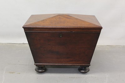 Lot 1256 - George III inlaid mahogany sarcophagus shaped cellarette with rising lid on bun feet, 60cm wide