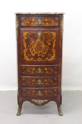 Lot 1257 - 19th century French kingwood and marquetry inlaid secretarie abatant with shaped marble top, fall flap and four drawers on splayed legs with ormolu mounts, 57 cm wide,133cm high