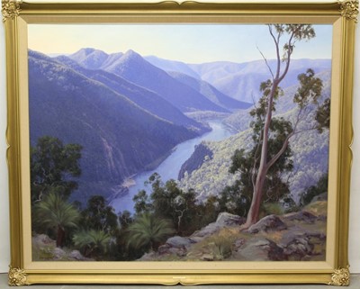 Lot 1171 - John Downton (b.1939) oil on canvas - In The Depth Of The Gorge, Shoalhaven At Bungonia, signed and dated '89, in gilt frame, 121cm x 151cm