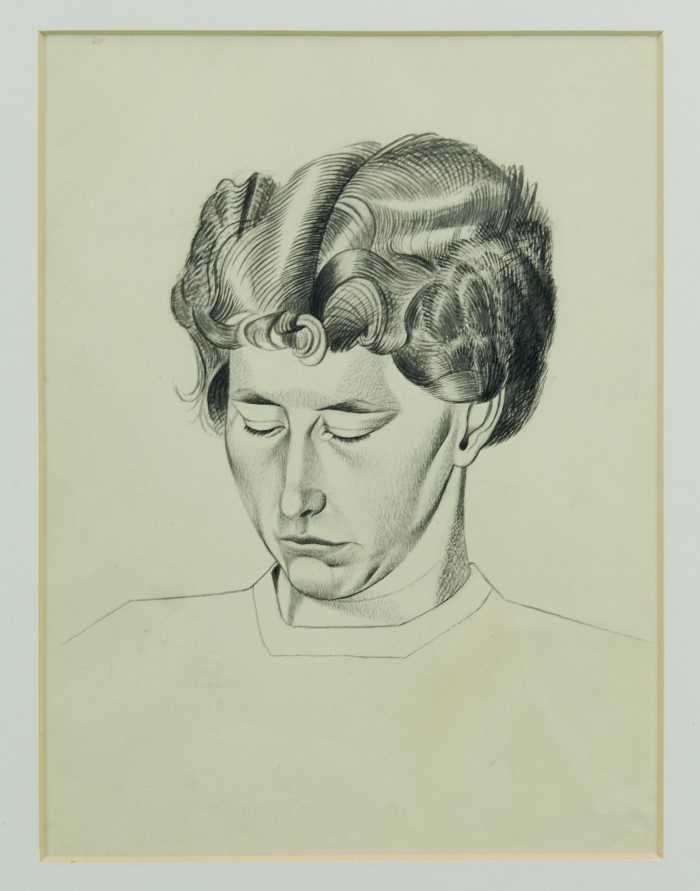 Lot 1195 - Francis Plummer (1930-2019) pen, ink and wash - head of a lady, apparently unsigned, in glazed frame, 31cm x 23cm