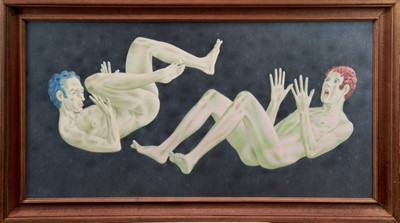 Lot 1189 - Francis Plummer (1930-2019) egg tempera on board - tumbling figures, initialled and dated ‘78, framed, 112cm x 58cm