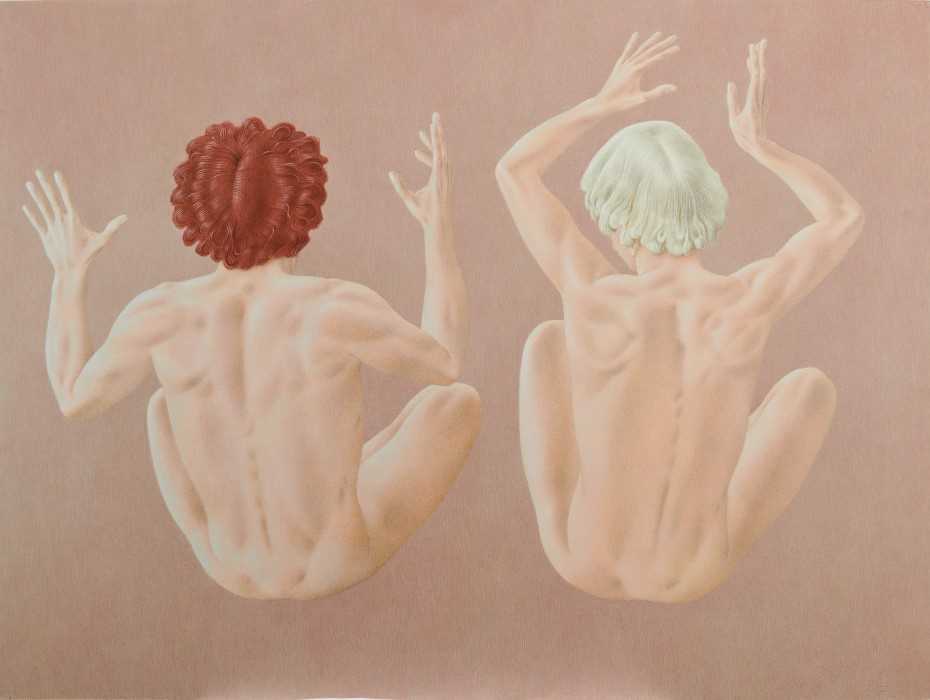 Lot 1188 - Francis Plummer (1930-2019) egg tempera on board - two figures, initialled and dated ‘85, unframed, 90cm x 122cm