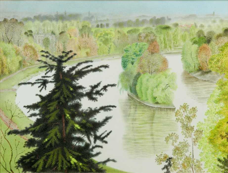 Lot 1183 - Francis Plummer (1930-2019) watercolour - Country House Lake, possibility a design for the National Trust, initialled and dated '79, in glazed gilt frame, 45cm x 60cm