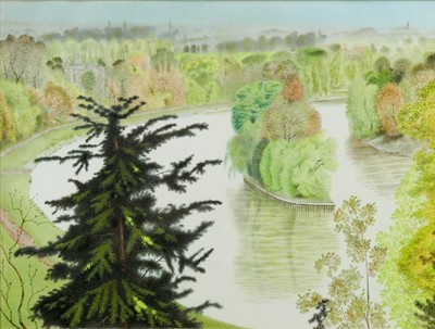 Lot 1183 - Francis Plummer (1930-2019) watercolour - Country House Lake, possibility a design for the National Trust, initialled and dated '79, in glazed gilt frame, 45cm x 60cm