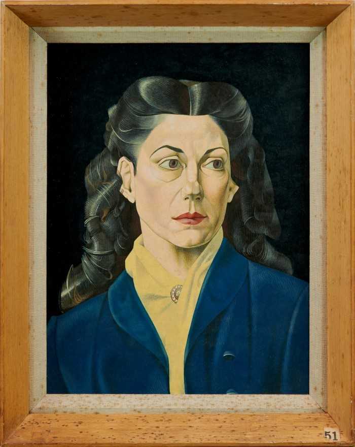Lot 1181 - Francis Plummer (1930-2019) egg tempera on board - portrait of a lady in blue coat, apparently unsigned, framed, 42.5cm x 32cm