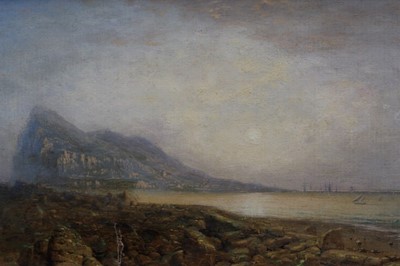 Lot 1169 - Attributed to John Brett (1831-1902) oil on board - Gibraltar Coastline, inscribed verso, in gilt frame, 22cm x 44cm