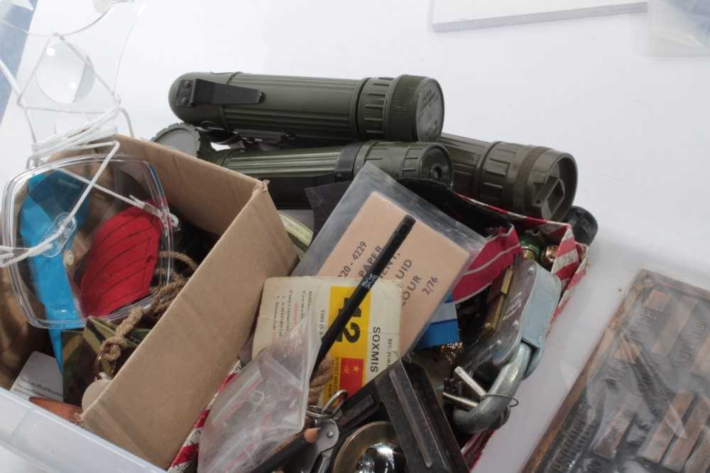 Lot 667 - One box of Militaria to include torches, cap badges, whistles and sundry items