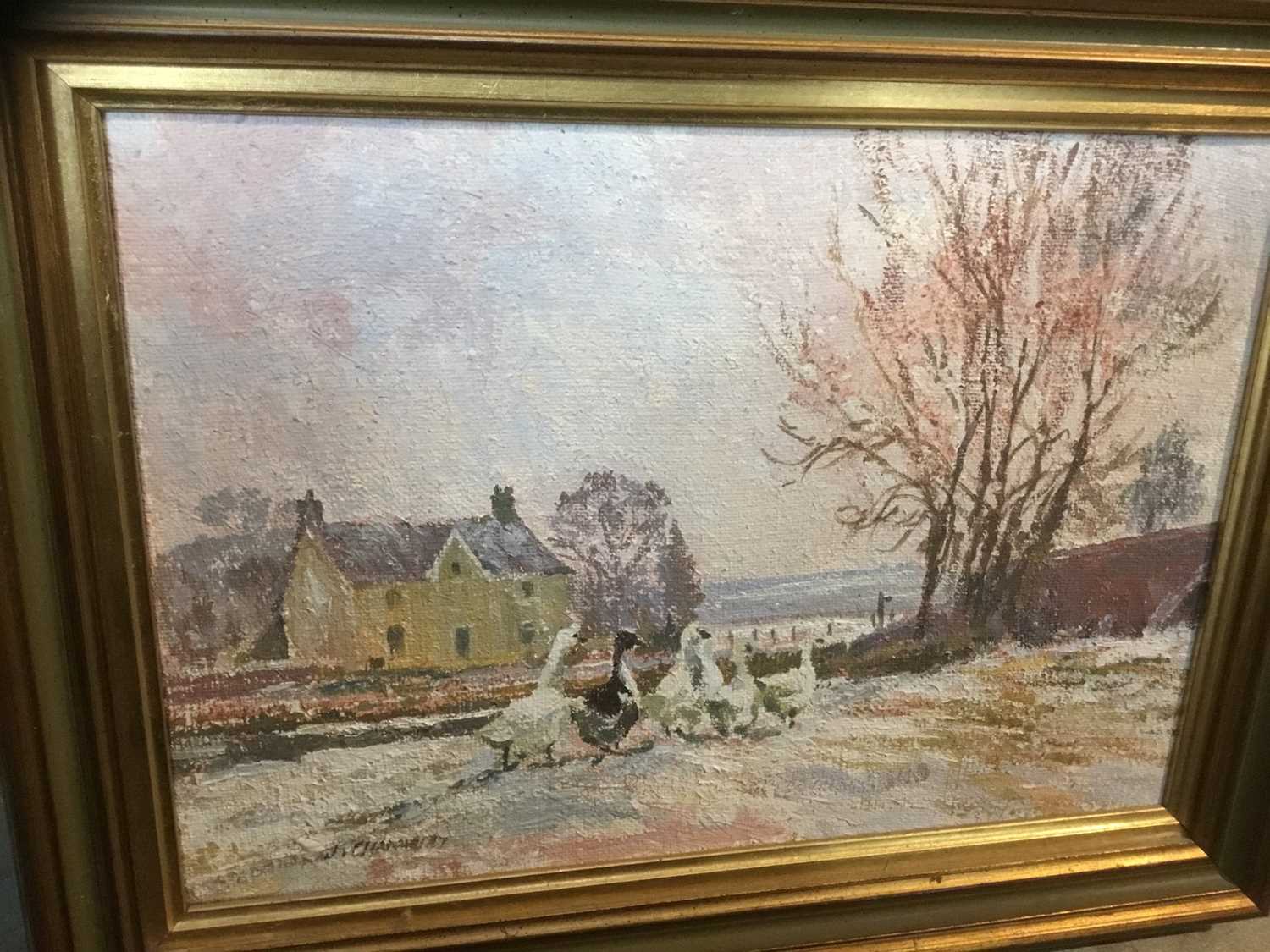 Lot 290 - James Chambury (contemporary), oil on canvas, geese at Toppesfield Bridge, Hadleigh, 28 x 31cmw