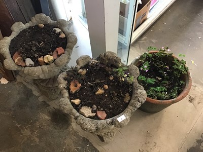 Lot 6 - Pair of concrete garden planters together with a terracotta pot