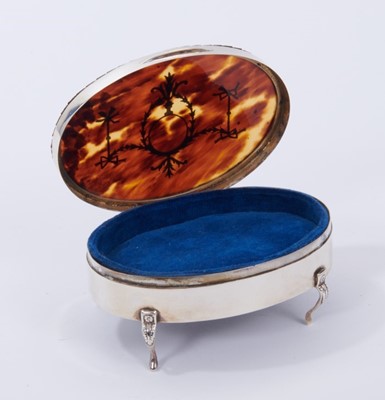 Lot 330 - Edwardian silver box of oval form with blue velvet lining.