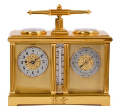 Lot 608 - Good quality late Victorian combined carriage clock, aneroid barometer, thermometer and compass in fine gilt brass case with silvered dials and scales, engraved RHS monogram in original leather fi...