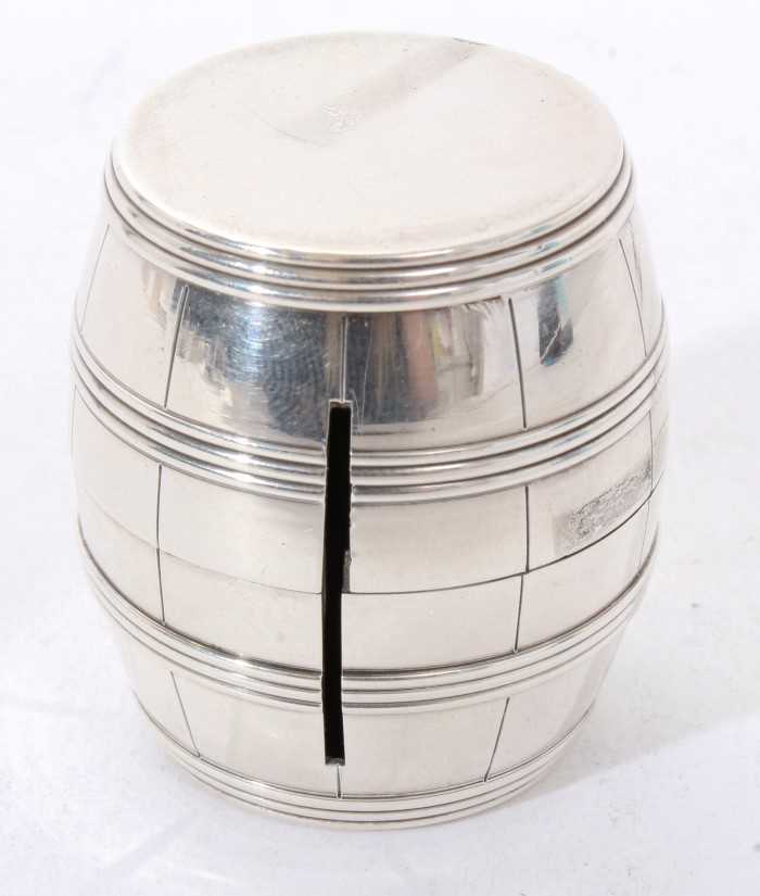 Lot 342 - Early 20th century Tiffany silver stamp reel holder in the form of a barrel.