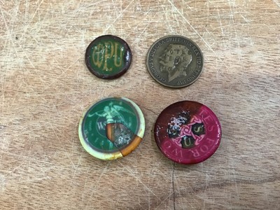 Lot 1058 - Suffragette Banner c1920's plus two tin badges "Women's Social & Political Union", a Suffragette penny and Daily Sketch 1914 Suffragette demonstration on front page.