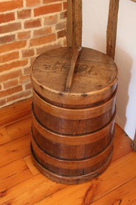 Lot 1318 - Antique bentwood lidded barrel with copper nails, bearing date 1791.