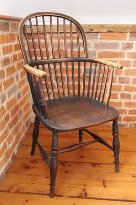 Lot 1321 - 19th century ash and elm stickback Windsor chair, with arched back and solid seat on turned legs and H stretcher