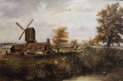 Lot 1325 - 19th century English School oil on canvas - landscape with windmill, 103cm x 57cm.