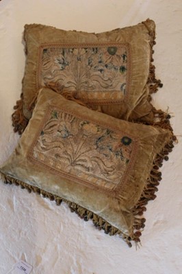 Lot 1330 - Two velvet cushions utilising early tapestry embroideries