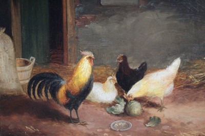 Lot 1341 - English School, 19th century, pair of oils on board - chickens in a barn, signed with initials and dated 1899, 21cm x 29cm.